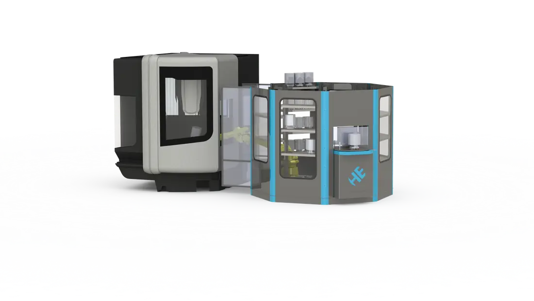 Konzeptdarstellung einer Bearbeitungszelle mit CNC-Maschine und verglaster Automationskabine